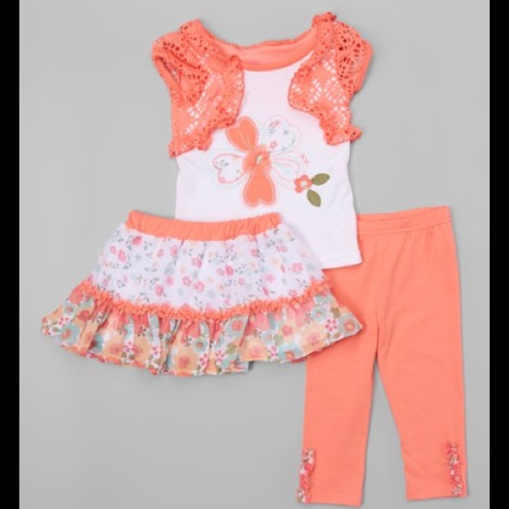 Nannette Coral Butterfly Shrug Tee Skirt Leggings